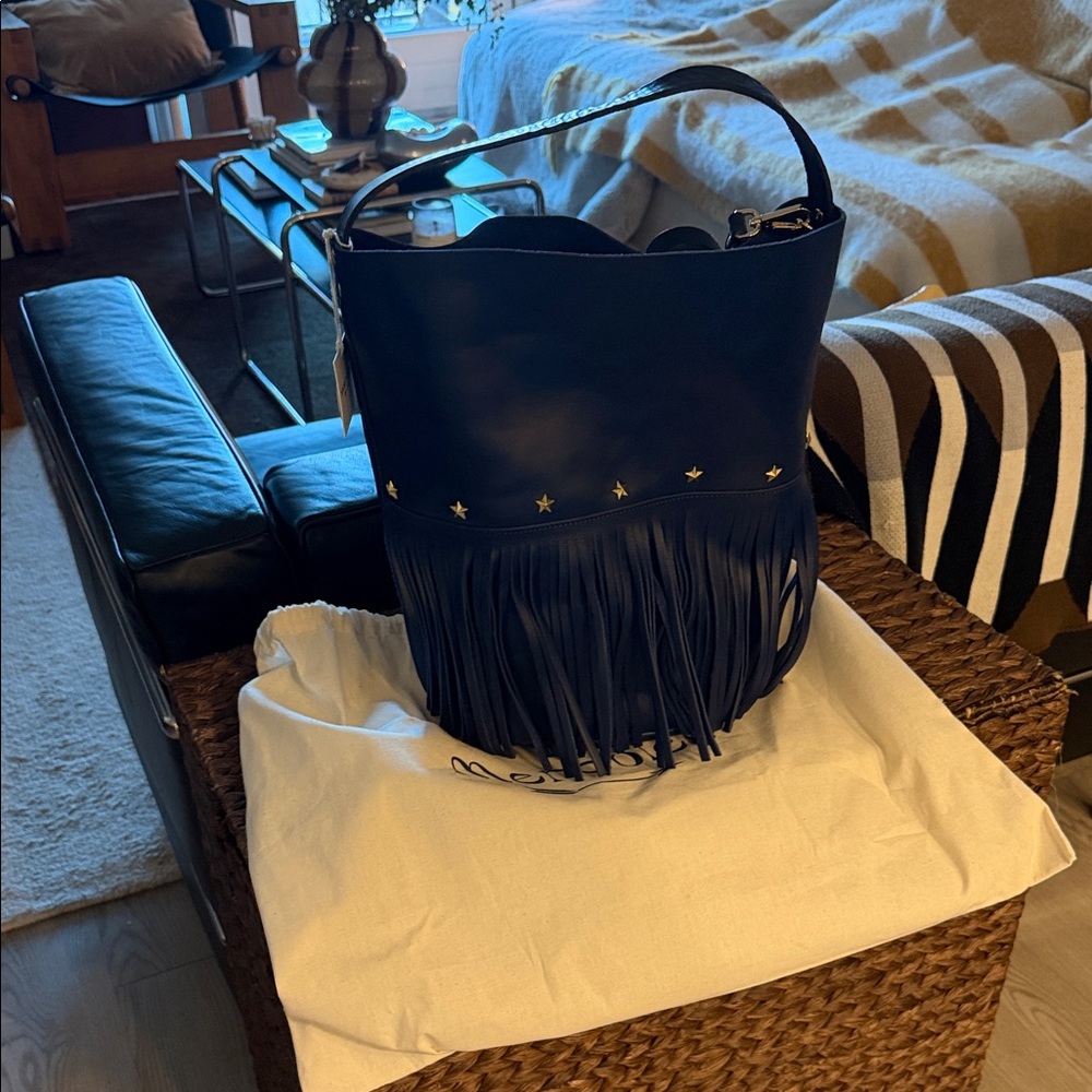 Fringed Star-Stud Navy Leather Shoulder Bag